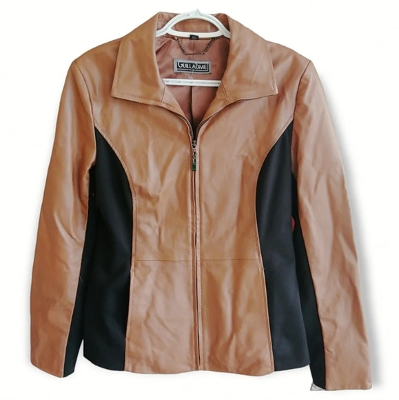NWT Guillaume Leather Jacket Zip Front in Brown with Black Stretch Sides Small - Picture 1 of 17